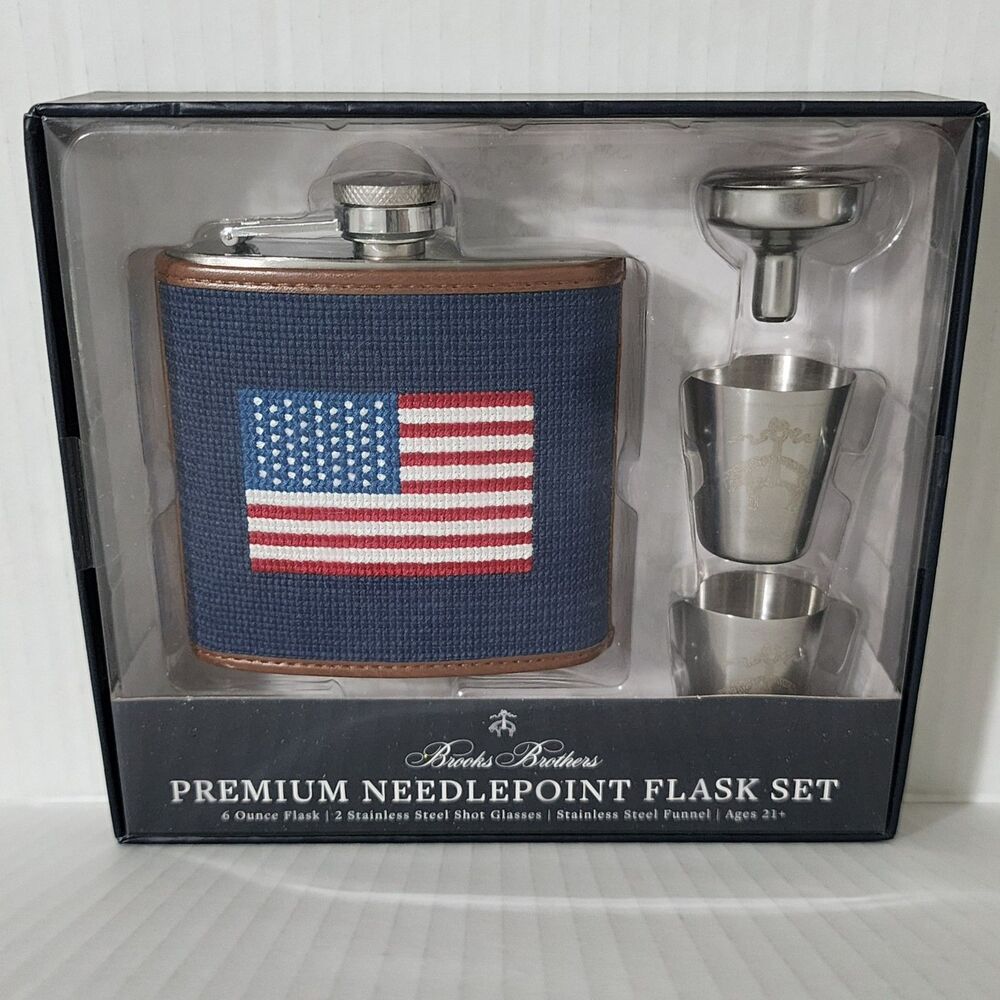 NIB Brooks Brothers Needlepoint American Flag Flask Shot Glasses Funnel XB0778